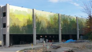 Full view of textile facade cladding at Crocker Park parking garage
